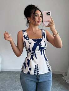 Blusa de mujer sin mangas con cuello sin cuello, cinturón con nudo y volantes estampada en tela - Azul - Ver 4
