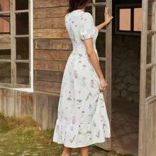 Women's Summer French Elegant Casual Design Lace Patchwork V-Neck Short Sleeve Waist Cinched Long Textured Print Casual Dress Women's Floral Midi Dress Elegant Floral Dress - Rosa Pálido - Ver 3