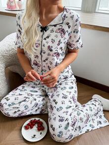 Disney 2pcs Women Knit V-Neck Bow Decor Printed Pajama Set - Light Grey - View 4