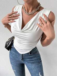 Blusa sin mangas blanca para mujer, adecuada para la oficina, de vuelta a la temporada escolar, otoño - Blanco - Ver 3