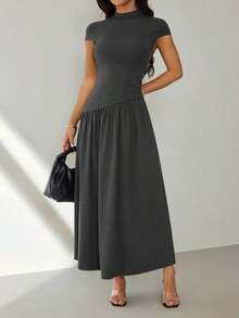 Vestido casual largo plisado de manga abullonada y cuello alto en unicolor para mujer, de verano - Gris - Ver 6