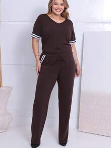 Women's Striped Set - Pants And Top In Lightweight Fleece With White Details - Comfortable Style - 鏽棕色 - 查看 4