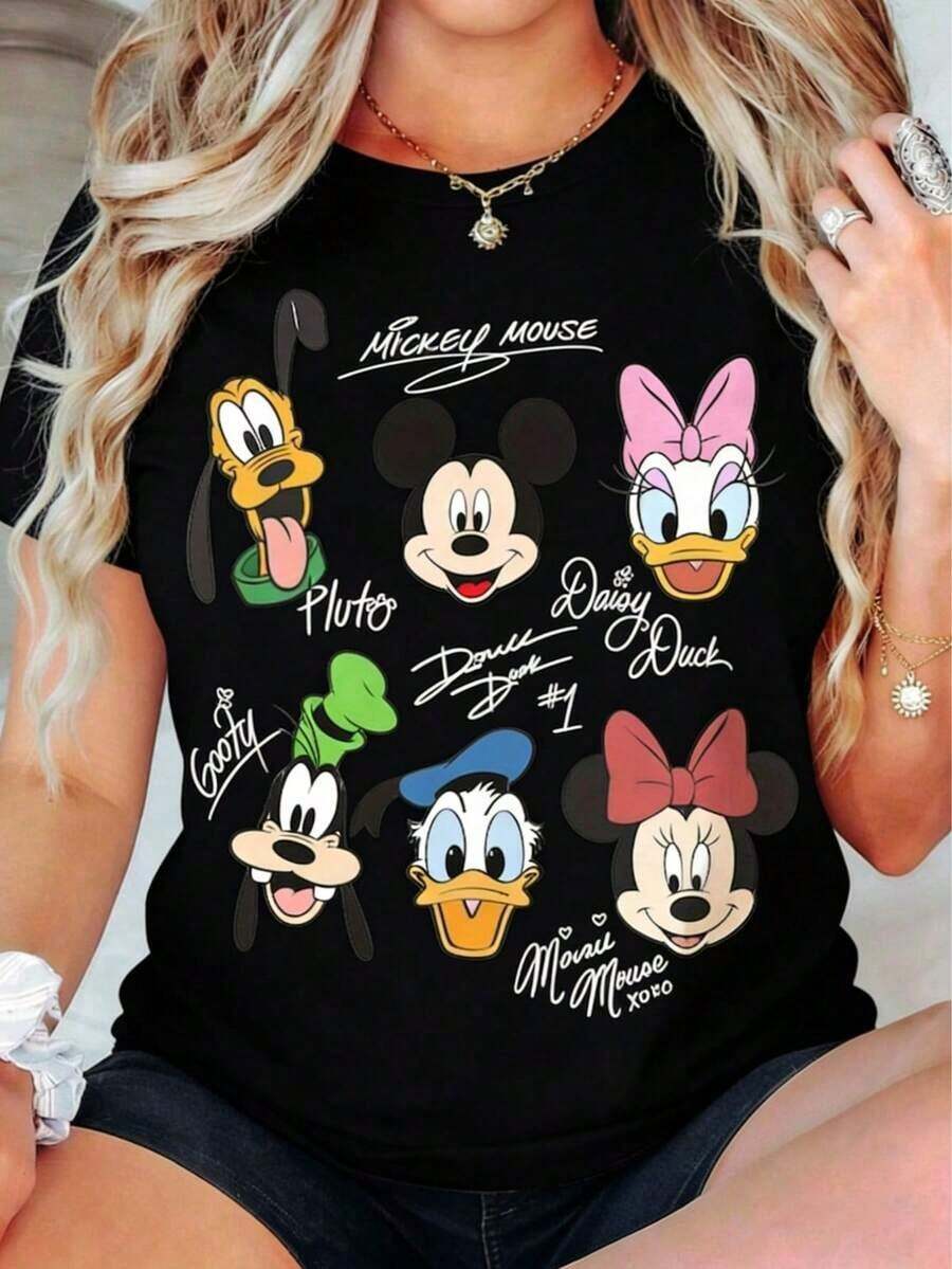 Disney 100% Cotton 180g High-Quality Vintage Mickey T-Shirt – Soft Breathable Fabric |   Retro Cartoon Design Featuring Donald Duck, Minnie Mouse & Goofy |   Unisex Casual Short-Sleeve Shirt For Men & Women |   Matching Couple Outfits As A Holiday Gift - 黑色 - 查看 1