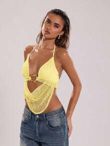 Top sin espalda con halter bordado de encaje y cuentas, apropiado para vacaciones en la playa - Amarillo - Ver 6