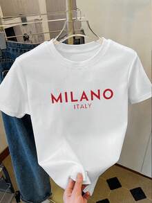 Simple, Casual And Versatile T-Shirt With English Letter Print, Short Sleeves And Round Neck. - 白色2 - 查看 6