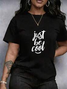 Camiseta para Mujer Estampado de texto, de manga corta cuello redondo, Talla Grande Top, Estilo Camiseta casual de manga corta, Ropa Deportiva Casual, Ligero, suave transpirable, Alta Calidad, Secado Rápido, ideal para Uso Casual, prenda versátil para todo tipo de actividades cotidianas y deportivas - Negro - Ver 1