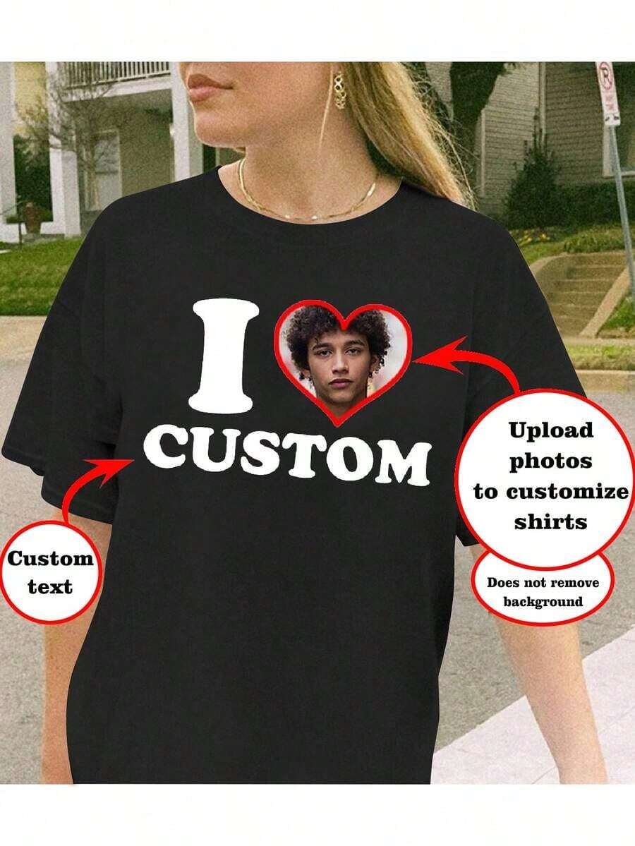 Camiseta personalizada con foto, regalo para novia/esposa, regalo del Día de San Valentín, personaliza rostro, personaliza camiseta de mujer - Agrega tu propio texto e imágenes (fotos familiares/selfies/fotos de mascotas/fotos de amigos) para diseñar tu camiseta impresa personalizada, amo las camisetas personalizadas, agrega tus fotos y texto favoritos (fotos de novia/fotos de pareja/fotos familiares/selfies/fotos de mascotas/fotos de amigos), blusas personalizadas para mujer casual negra de verano, regalo del Día de la Madre - Negro - Ver 1