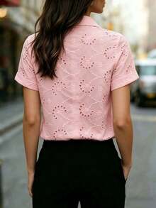 Blusa de mujer de unicolor de manga corta, semi-transparente de malla, con cuello de camisa y botones delanteros - Blusa casual de oficina de primavera y verano de poliéster ligero - Rosa - Ver 4