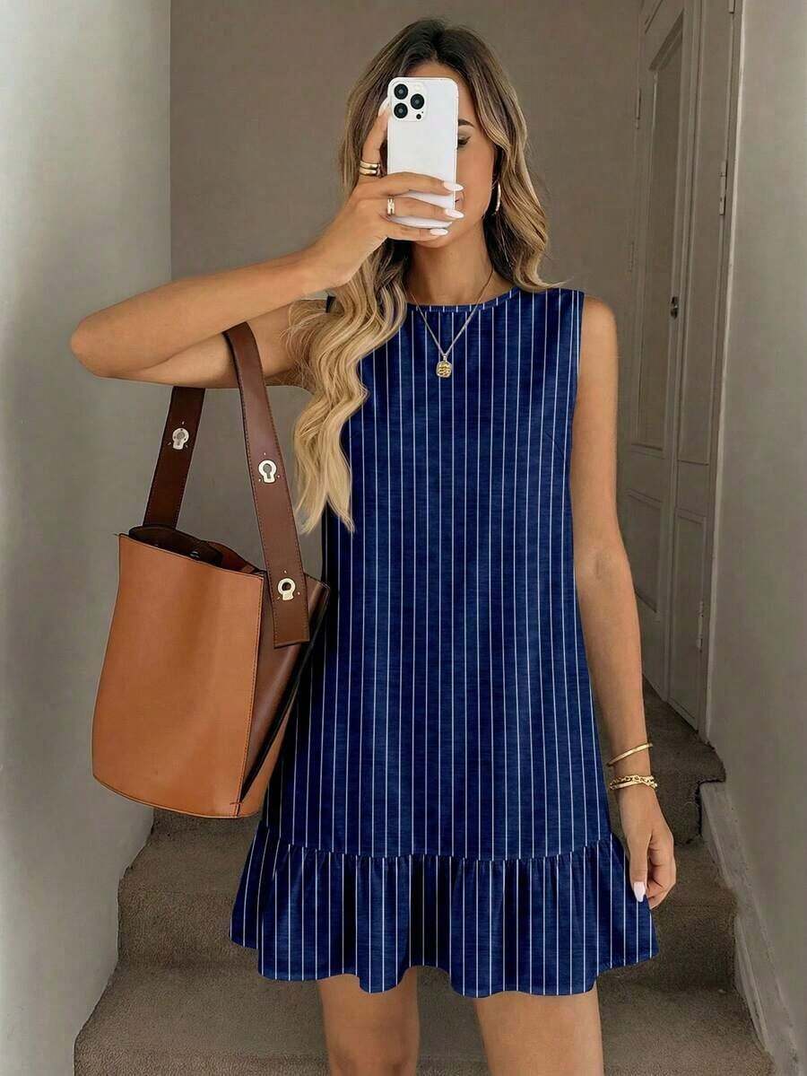 Vestido mini casual con estampado de rayas para mujer, adecuado para primavera/verano - Multicolor 3 - Ver 1