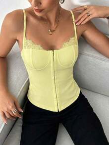 Camiseta de tirantes de uso diario versátil y casual con parches de encaje para mujer - Amarillo claro - Ver 3