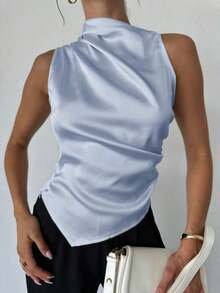 Blusa de satén con cuello plisado, sin mangas, elegante y sencilla, para oficina y negocios, con dobladillo puntiagudo, color marrón - Celeste - Ver 2
