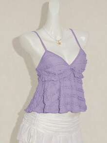 Blusa de tirantes de mujer con volantes de tela texturizada de unicolor para el verano y vacaciones - Púrpura malva - Ver 7