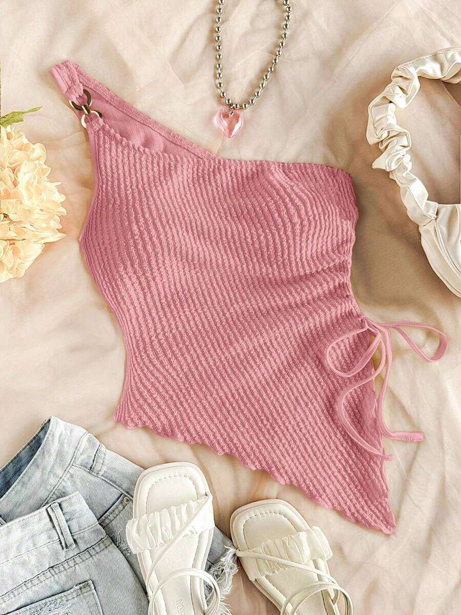 Camiseta de tirante único de punto jacquard texturizado de color beige para mujer, adecuada para fiesta, cita, Día de San Valentín, Pascua, carnaval, té de la tarde, playa, crucero, vacaciones en la ciudad - Rosa - Ver 1