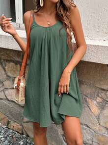 Vestido de verano de algodón de unicolor con tirantes finos tipo musculosa, estilo vacacional para mujer - Verde Oscuro - Ver 4
