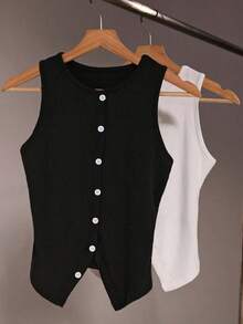 Set de 3 tops ajustados de mujer de unicolor, con cuello redondo, sin mangas y abertura, con botones - Multicolor 3 - Ver 7