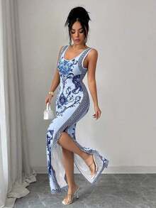 Exquisita bata de estilo retro de lujo con estampado de chinoiserie, cintura ceñida y abertura en el bajo, al estilo de Oriente Medio y los Emiratos Árabes Unidos - Multicolor 4 - Ver 4