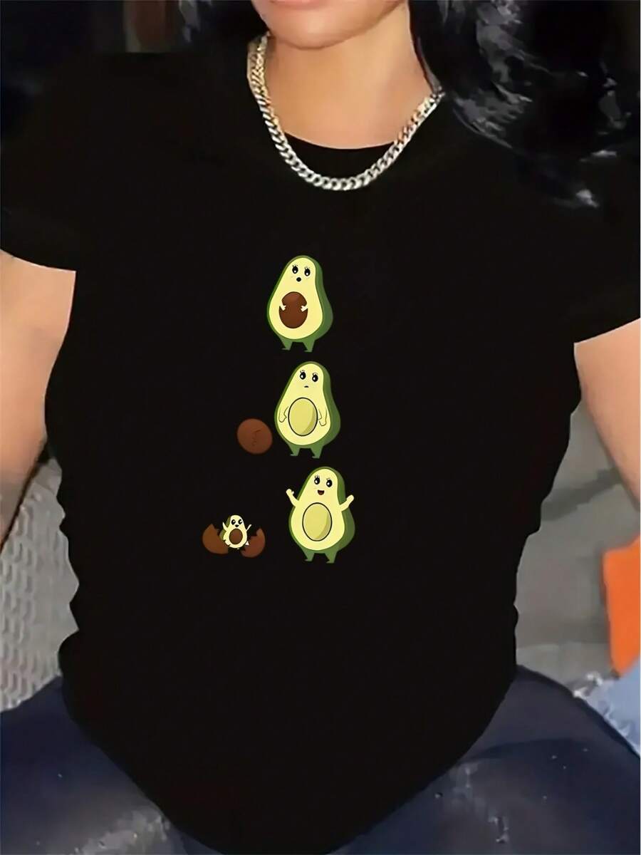 Camiseta negra de manga corta con estampado de aguacate - Top ligero de cuello redondo, cómodo, casual y para uso diario, ideal para el hogar, la oficina, el restaurante. Lavable a máquina. Ropa de mujer con estampado de aguacate - Blanco - Ver 1