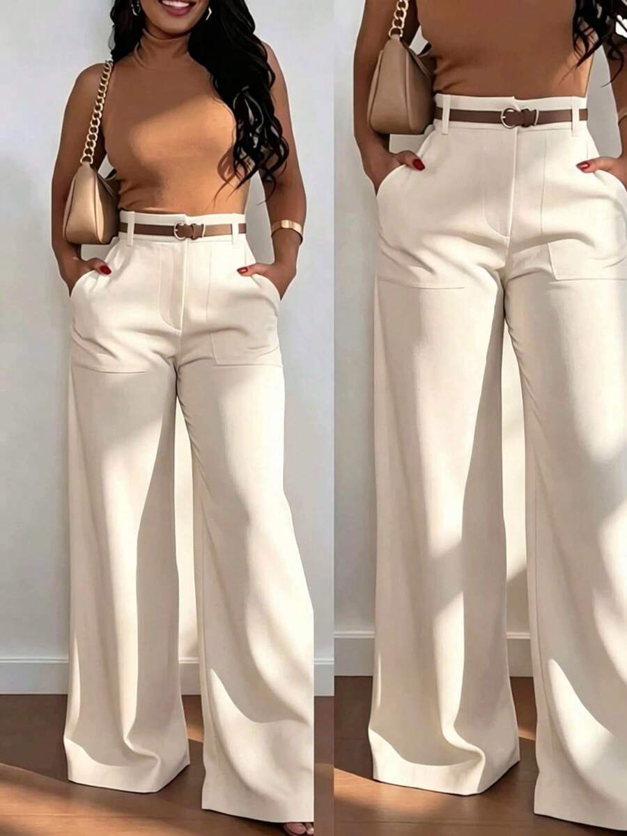 Pantalones casuales de cintura alta, pierna recta y sueltos para mujer, primavera - Albaricoque - Ver 1