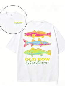 Men's Casual Summer Washed Cotton T-Shirt Old Row Outdoor Fish Print, Round Neck Short Sleeve Lightweight Knitted Fabric, Rib Details 100% Cotton - 純棉白色 - 查看 13