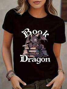 Playera de mujer 100% algodón manga corta estampado dragón con gafas casual cómoda para verano - Negro - Ver 6