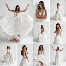 Women's Elegant Lace Deep V-Neck Wedding Dress, Romantic Bridal Gown With Flared A-Line Skirt, Formal Evening Party Dress, Perfect For Dating, Banquet, Travel, Birthday, Celebration, Vacation, Prom, Special Occasions - 白色 - 查看 8
