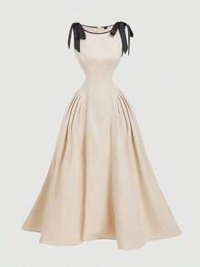 Vestido color albaricoque con cuello redondo, sin mangas, con ribete de contraste, lazo decorativo en la cintura y bajo acampanado - Caqui 2 - Ver 3