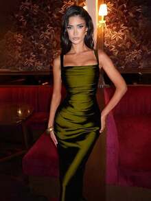 Glamrae Elegant DressesElegant Satin Cinching Waist Lace Up Bodycon Slip Dress, Long Gown For Halloween Party, Cocktail Formal Gown For Banquet, Christmas Party Dress, Valentine's Day Wedding Springelitara Dresses Elitara - Màu xanh Ô liu - Xem 7