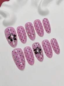 30pcs Press On Nails Wear Nails Almond Shaped Fake Nails, Polka Dot Nails,Cute And Simple Nails,AB Sparkling Diamond Decorative Nails,Flower Patterns Decorate Nails,Summer Nails,Y2K Nails,Full Coverage Glossy Daily Fake Nails, Reusable For Women, Easy To Wear And Remove, Equipped With Jelly Glue And Nail Filing Nail Supplies, Vacation ,Suitable For Parties, Dances, Etc - Multicolor - View 3
