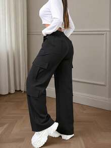 Pantalones cargo negros con múltiples bolsillos y botones, de estilo elegante y lindo Y2K, ligeros, adecuados para volver al colegio, graduación, club, fiesta de cumpleaños, Halloween, Acción de Gracias, concierto, gimnasio, playa, oficina, uso diario, al aire libre, deportes, aeropuerto, calle, Día del Maestro, primavera, verano, otoño, invierno - Negro - Ver 3