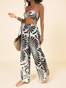 Conjunto de 2 piezas para mujer con top corto de cuello halter estampado tejido y pantalones de pierna ancha de cintura alta - Blanco y Negro - Ver 3