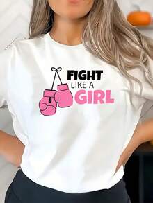 1 Piece Women's Casual Sports T-Shirt With "Glove" Print And Pink Moon Theme For Breast Cancer Awareness - Round Neck, Soft, Breathable, High Elasticity Short Sleeve Sports T-Shirt For Women - Fashionable, Comfortable And Versatile Sportswear, 180g 100% Cotton. - 黑色 - 查看 7