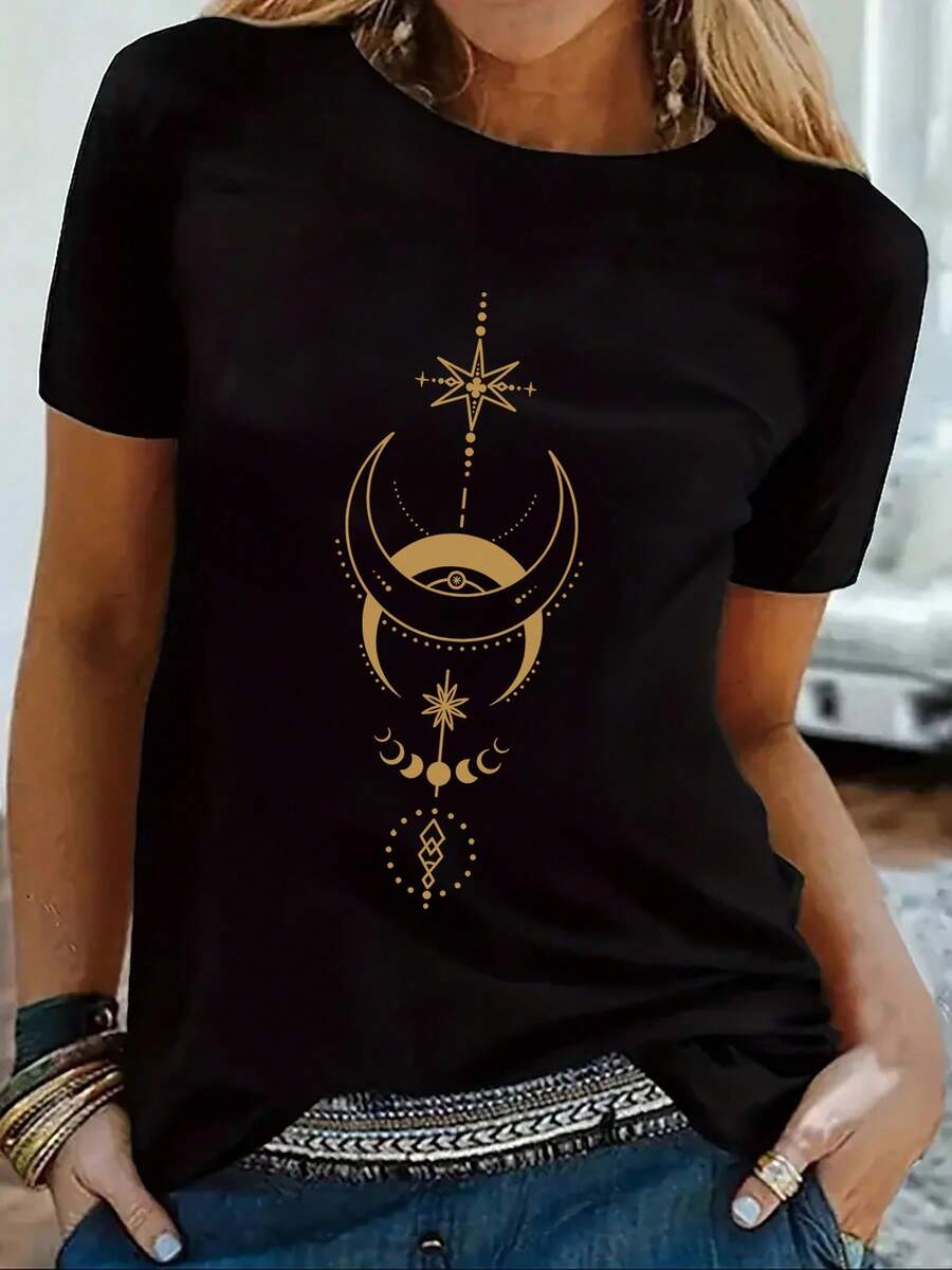 Women's Modern, Casual T-Shirt, Perfect For Parties And Lounging At Home. 100% Cotton, Loose Fit. Mystical Wind, Moon, And Star Printed Short-Sleeve Round-Neck T-Shirt. 100% Cotton - 黑色 - 查看 1