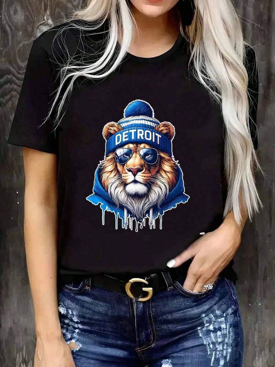 Camiseta de Fútbol de Detroit, Camiseta de Fútbol de los Cool Lions, Camiseta de Cuello Redondo de Algodón Suave y Transpirable para Mujer, Regalo para Fanáticos de Detroit, Camiseta Holgada, Casual y Versátil, Estilo Y2k, Camiseta - Negro - Ver 1