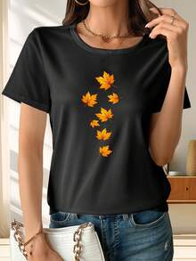 Camiseta de manga corta con estampado de hojas de arce caídas en color naranja clásico, cuello redondo, ropa deportiva para mujer, adecuada para salidas diarias, atuendos de viaje, éxito de  en la vida universitaria. - Negro - Ver 6