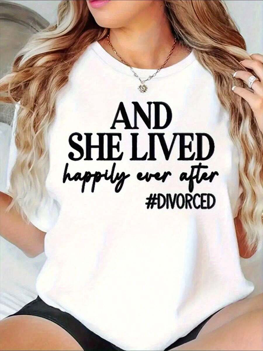 Y Vivió Felizmente Hasta el Fin de sus Días, Camiseta para Mujer, Regalo de Empoderamiento, Ropa para Celebración de Separación Posterior al Matrimonio, Es la Mejor Opción para Regalar a Amigas y Familiares en Días Festivos Importantes como Navidad y Pascua, Camiseta Unisex de Manga Corta, Transpirable, Ligera, Informal para Fiestas de Primavera y Verano y Reuniones Familiares en Días Festivos, Camisetas para Mujer, Playera - Blanco - Ver 1