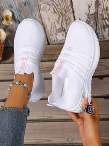 Women'S Slip-On Casual Athletic Shoes, Breathable Mesh Pastel Striped Design Tennis Shoes, All-Season Lightweight ComfortableIndoorOutdoorRunningShoes - 白色 - 查看 1