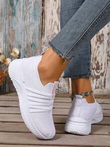 Women'S Slip-On Casual Athletic Shoes, Breathable Mesh Pastel Striped Design Tennis Shoes, All-Season Lightweight ComfortableIndoorOutdoorRunningShoes - 白色 - 查看 5