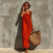 Nuevo 2026 Vestido Largo Cami Algodón Lino Estilo Retro Relajado Color Sólido Mujer Verano - Rojo - Ver 3