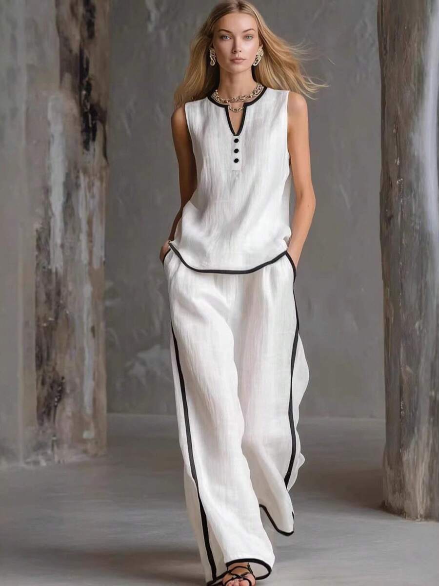New 2026 Women's Casual Two-Piece Set, Contrasting Color Sleeveless Top And Wide-Leg Pants - 白色 - 查看 1