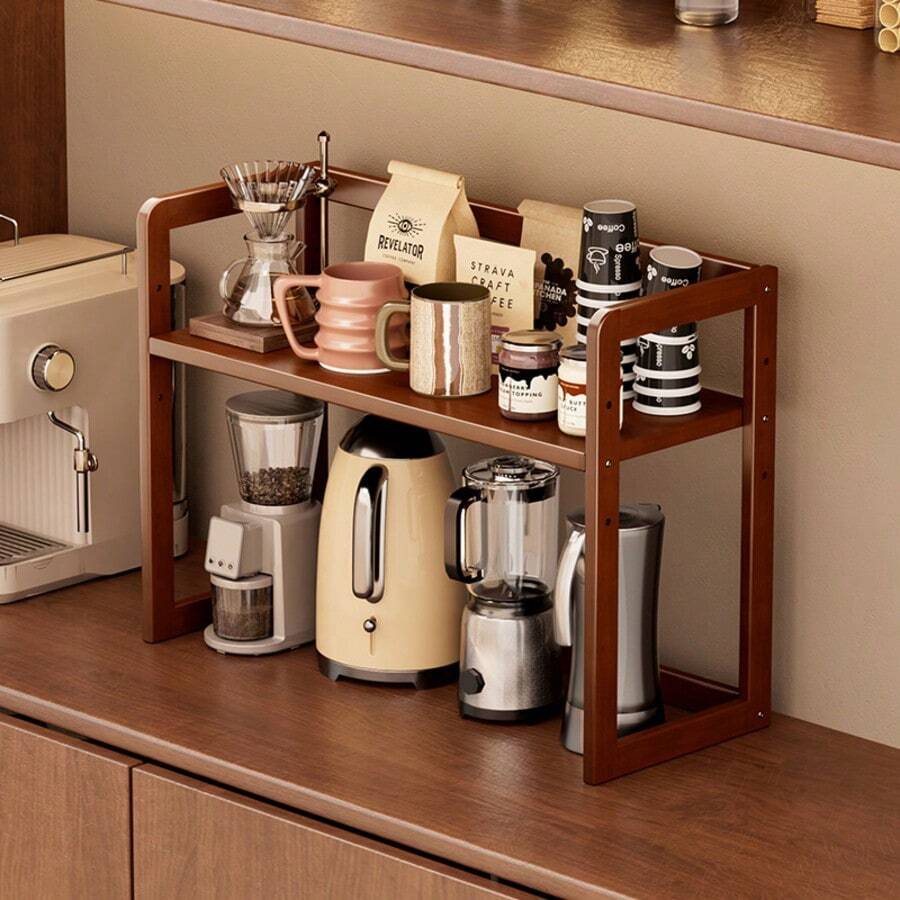 1pc Multifunctional Desktop Storage Rack, Adjustable Height Storage Organizer, Space Saver, Kitchen/Makeup/Book/Spice Rack, Open Shelving Unit - Mocha Brown - View 1