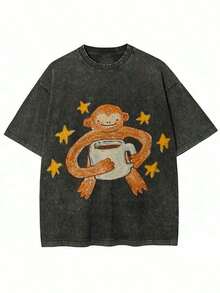 Monkeys Drinking Coffee Printed T-Shirt | High-Quality Batik Retro Fashion Brand, Unisex, Casual Style, Crew Neck, Fla Hem, Short Sleeves, Perfect For Daily Wear And Holiday Gift - 後退 - 查看 1