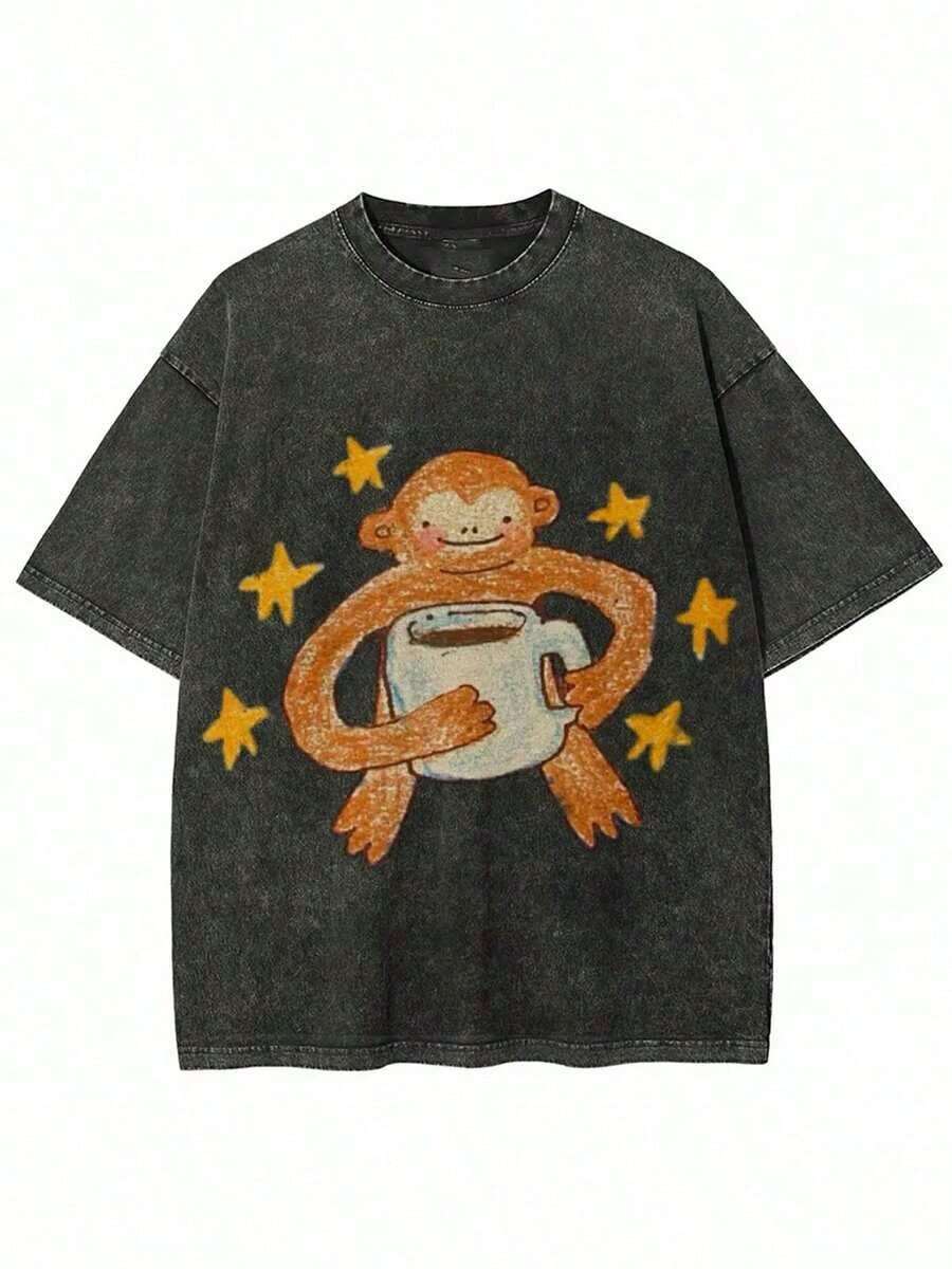 Monkeys Drinking Coffee Printed T-Shirt | High-Quality Batik Retro Fashion Brand, Unisex, Casual Style, Crew Neck, Fla Hem, Short Sleeves, Perfect For Daily Wear And Holiday Gift - 後退 - 查看 1