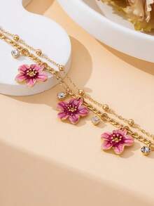 1 pièce Élégant bracelet de cheville de luxe dégradé tie-dye fait main avec Plumeria et gland, style glamour scintillant pour l'été et la plage pour femmes - Rose bonbon - Voir 2