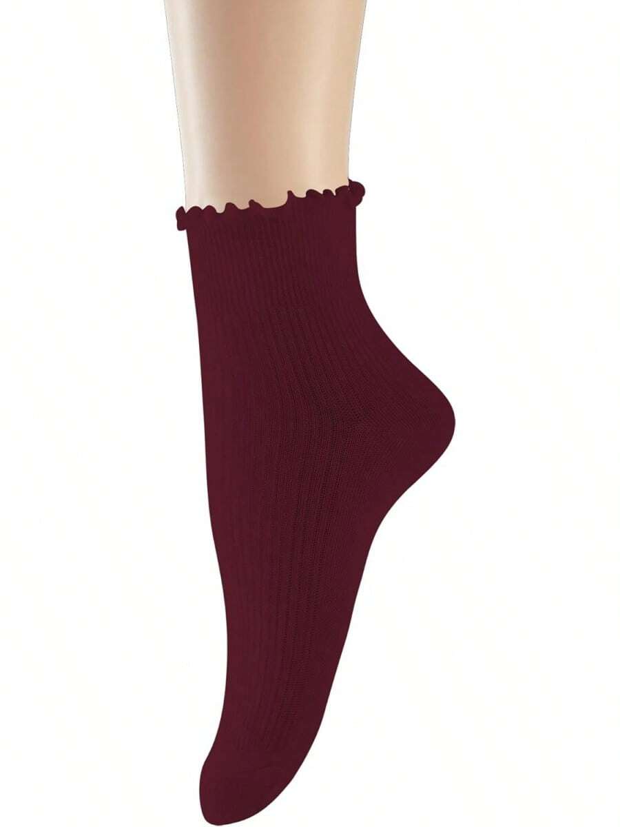 Cotton Ankle Socks - Ruffle Crew Style, Cute Frilly Design - 1 Pair Wine Red - View 1