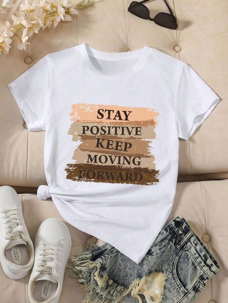 Solt Camiseta gráfica de manga corta con estampado de eslogan para uso diario y casual de mujer graphic - Blanco - Ver 1