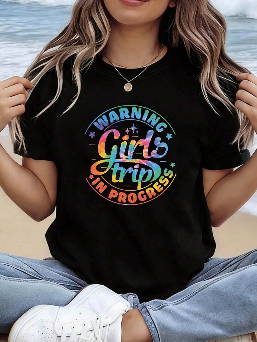 Camiseta de mujer con el estampado "WARNING Girls trip IN PROGRESS", camiseta de manga corta con cuello redondo para primavera/verano, adecuada para compras informales, regalos de vacaciones, reuniones con amigos y ropa de vacaciones. - Negro - Ver 1