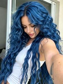 Dark Blue Colored Deep Wave Synthetic Glueless Wigs For Daily Party Cosplay Use Music Festival Dance Party Street Wear Use 13x4 HD Blue Colored Long Kinky Curly Lace Frontal Wigs Free Parting Heat Resistant - 藍色 - 查看 2