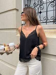 Camiseta de tirantes de mujer con estampado de encaje y parches, ideal para vacaciones de verano - Negro 2 - Ver 3