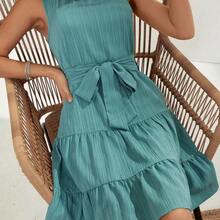 VCAY Women's Sleeveless Dress With Frill Hem & Fringe Details - Marrón - Ver 4
