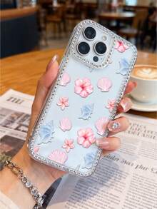 1pc Tropical Island Girl Style Transparent Rhinestone Bumper TPU Soft Phone Case, Full-Body Shockproof Protection, Hibiscus Shell Print For IPhone Series - Clear - View 4
